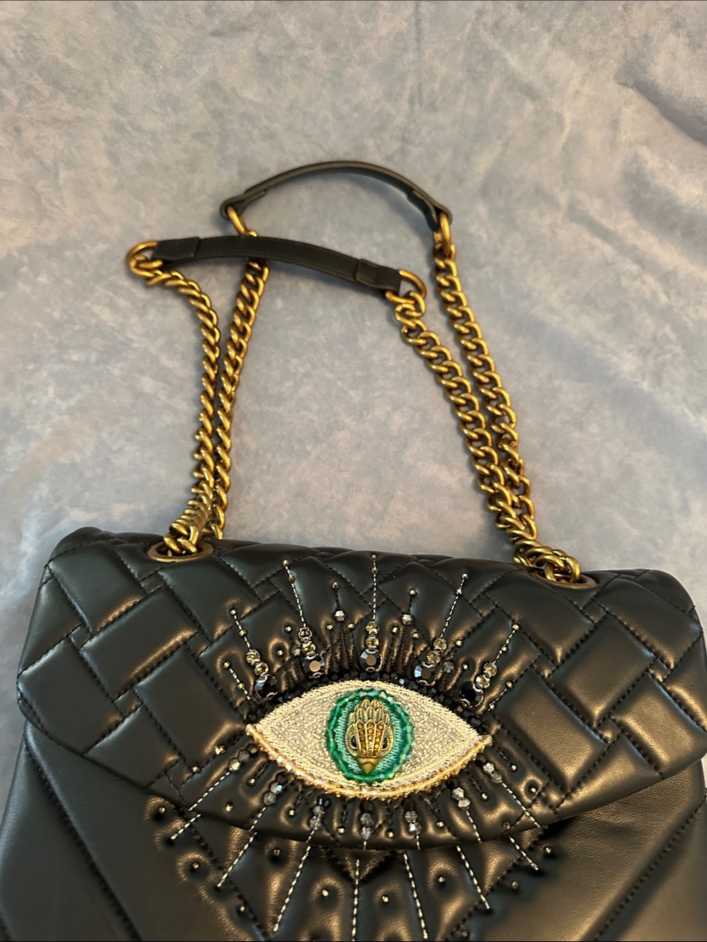 Kurt Geiger Black Quilted Shoulder Bag with Embellished Green Eye - Picture 6 of 8